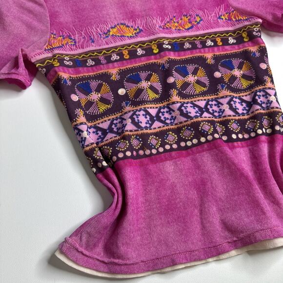 OGIRL Pink Mesh Ethnic Print Double Layer Top Sz XS Y2K Retro Indie Fairycore - Picture 5 of 8
